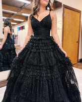 A-Line Deep V Neck Tiered Long Glitter Tulle Prom Dress